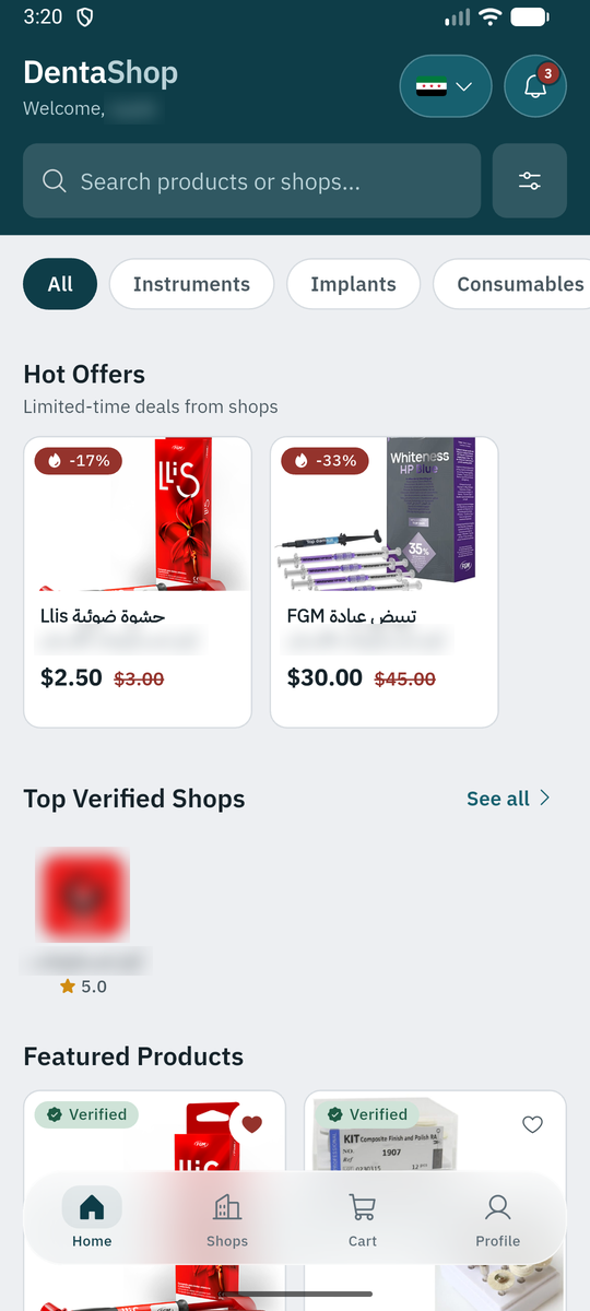 Home: categories, hot offers, top verified shops.