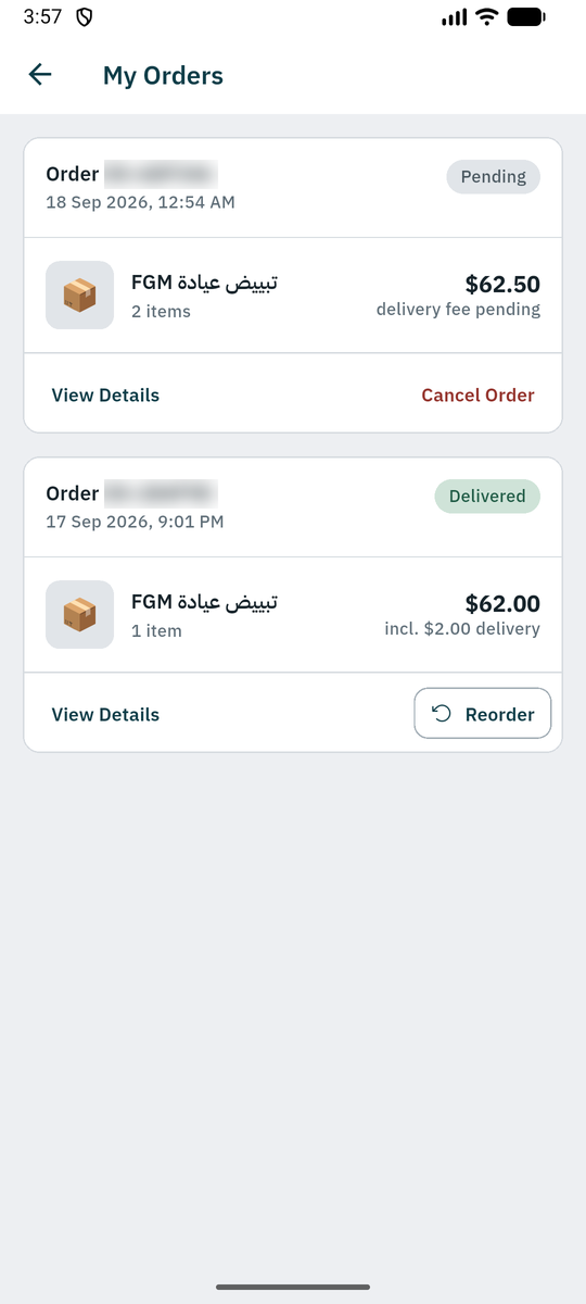 My Orders with a status on each order and a Reorder button.