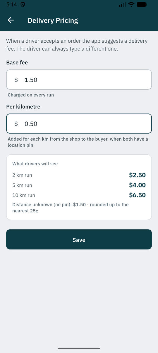 Delivery Pricing: a base fee and a per-kilometre rate, with what drivers will see.